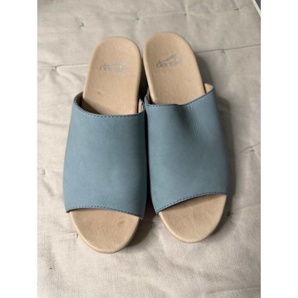 Dansko Blue Leather Slide Sandals Wood Grain Block Heel Clogs Sz 37/7 Maci